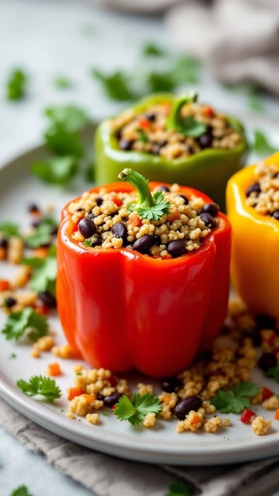 Stuffed bell peppers filled with quinoa and black beans, garnished with cilantro, on a plate.
