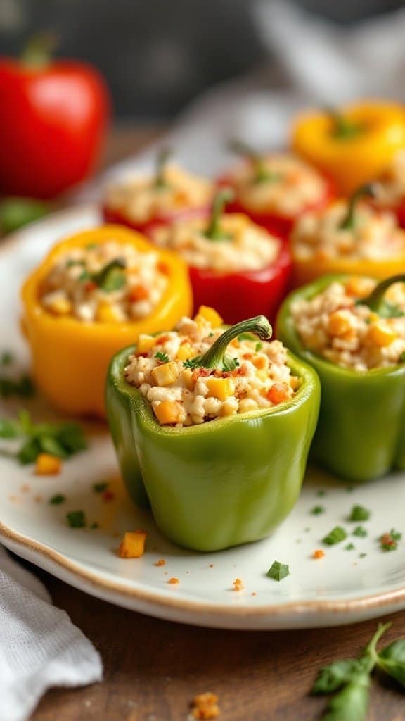 A plate of stuffed mini bell peppers in various colors, showcasing a delicious filling.