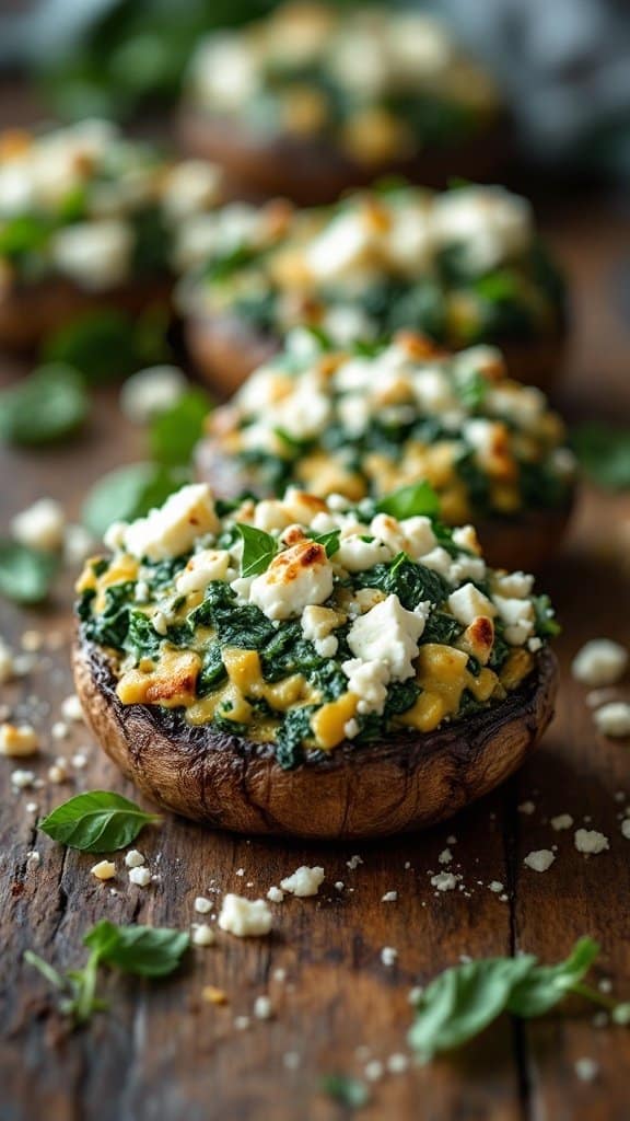 Stuffed portobello mushrooms with spinach and feta, garnished with herbs.