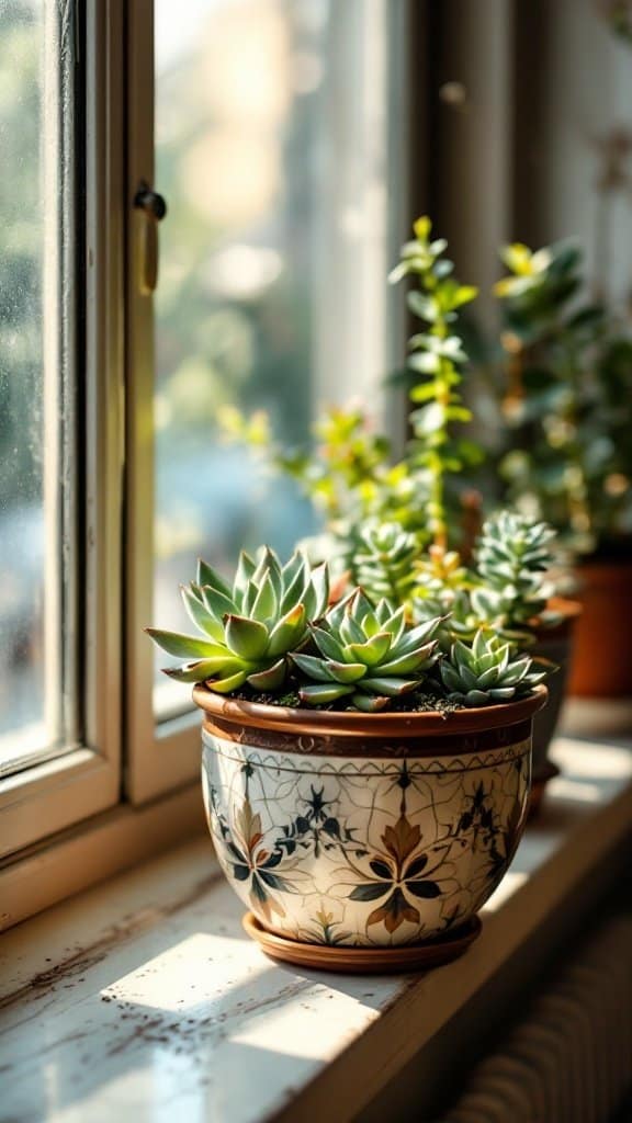 A decorative pot filled with various succulent plants on a windowsill