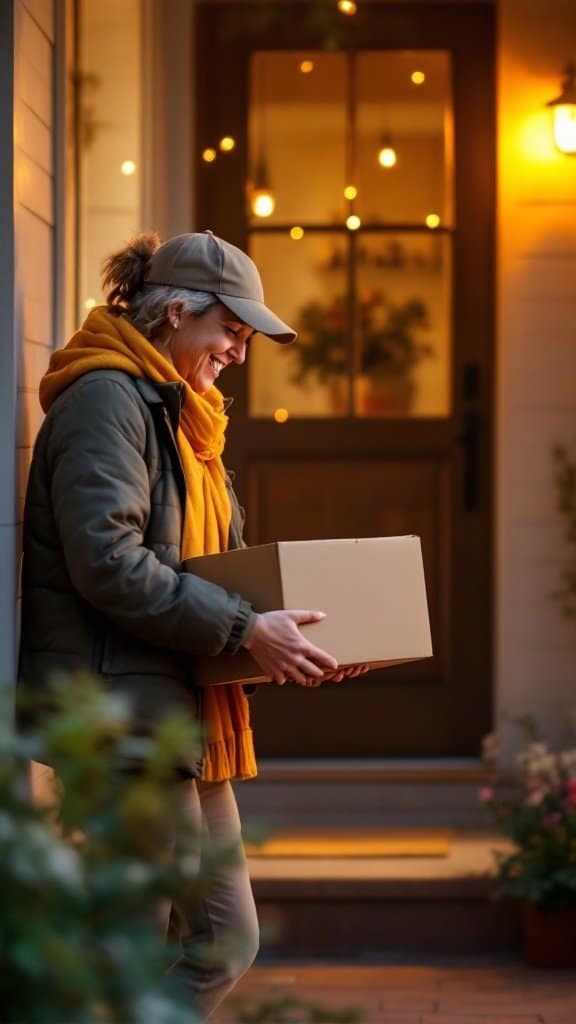 A person smiling while holding a delivery box at a doorstep