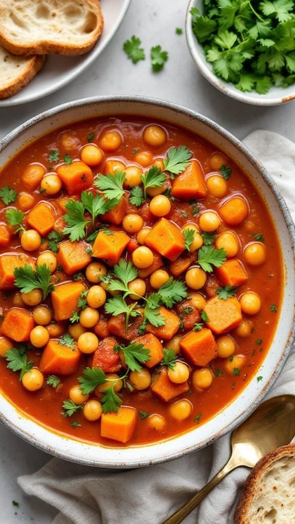 A bowl of sweet potato and chickpea stew garnished with fresh herbs, accompanied by slices of bread.