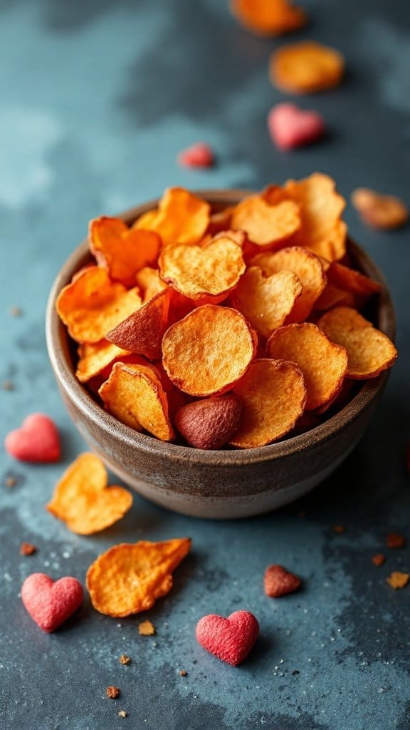 A bowl of heart-shaped sweet potato chips surrounded by pink heart-shaped candies.