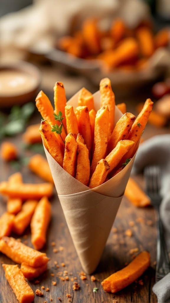 A cone filled with golden, crispy sweet potato fries on a wooden table.