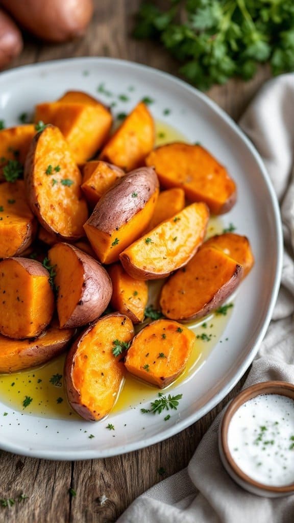 Roasted sweet potato wedges on a plate, drizzled with olive oil and topped with herbs.