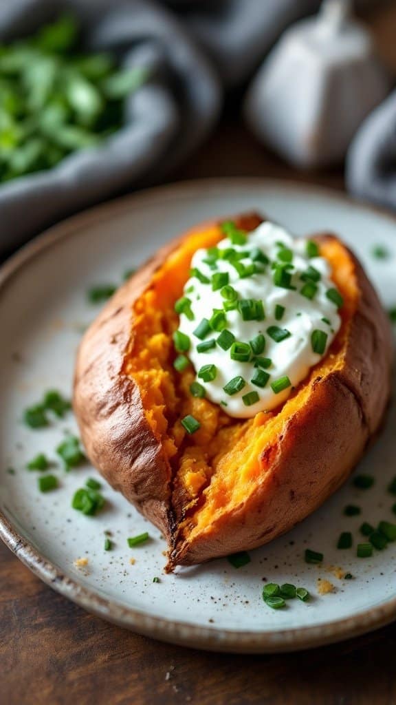 Baked sweet potato topped with sour cream and chives