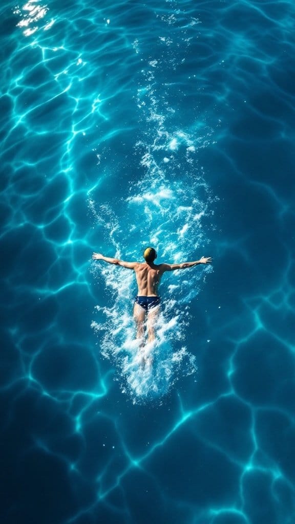 A swimmer performing a stroke in clear blue water.