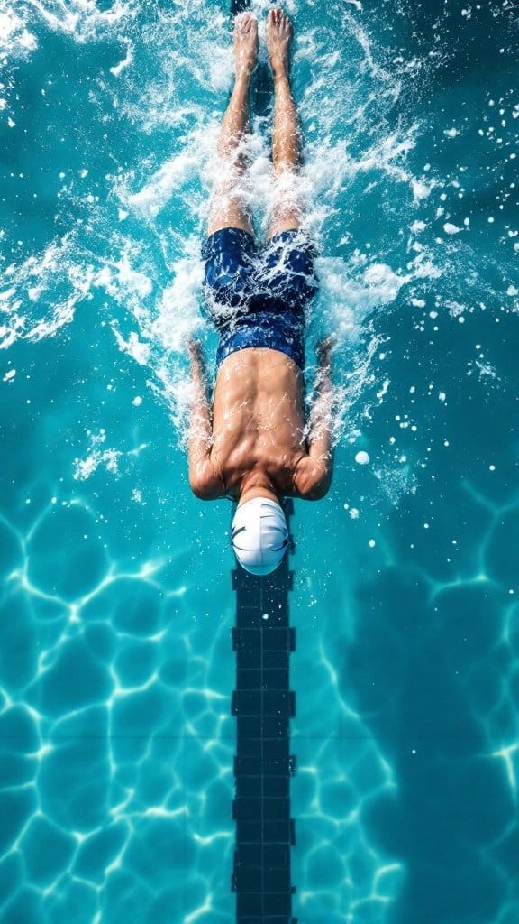 A person swimming laps in a pool, demonstrating a full-body workout.