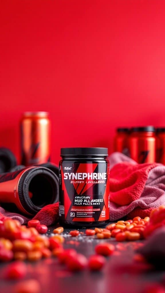 Container of Synephrine fat burning supplement surrounded by colorful capsules and workout gear on a red background.