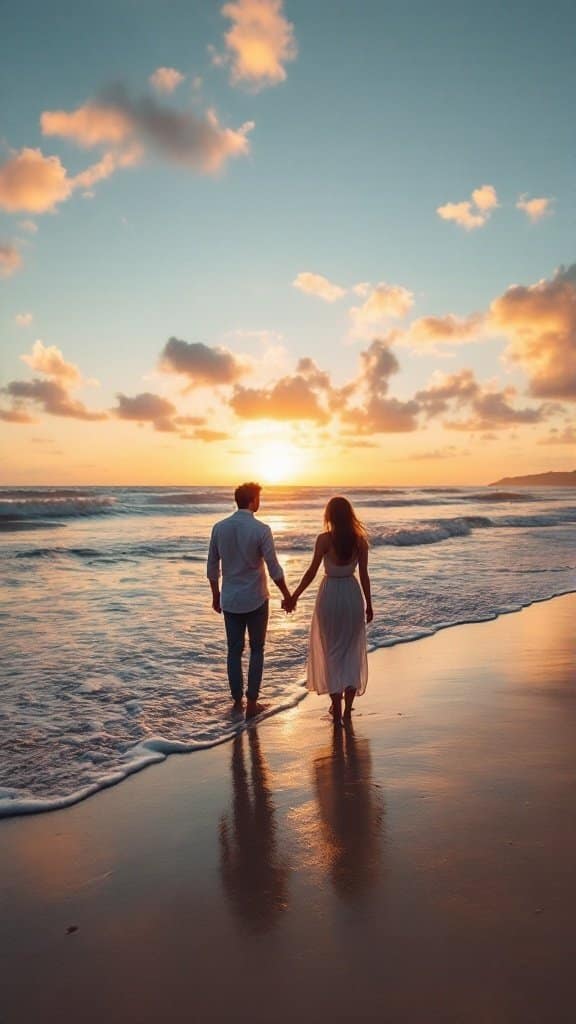 A couple walking on the beach during sunset, holding hands
