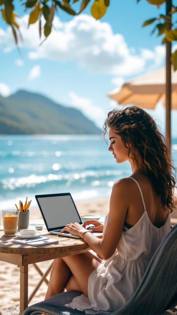 A person working on a laptop at a beachside table, enjoying coffee with a view of the ocean.