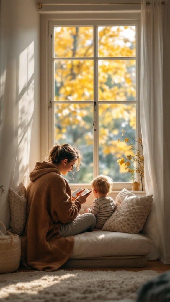 A parent and toddler sitting together in a cozy nook, reading and enjoying a peaceful moment by a window with autumn leaves outside.