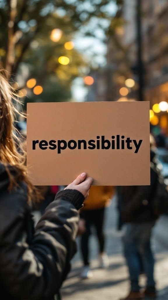 Person holding a sign that says 'responsibility' in a busy urban setting.