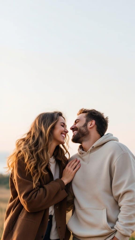 A couple smiling at each other outdoors, enjoying their time together.