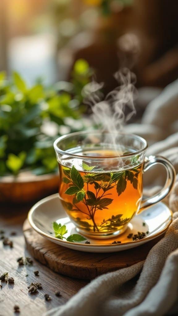 A steaming cup of herbal tea with fresh leaves, placed on a wooden surface.