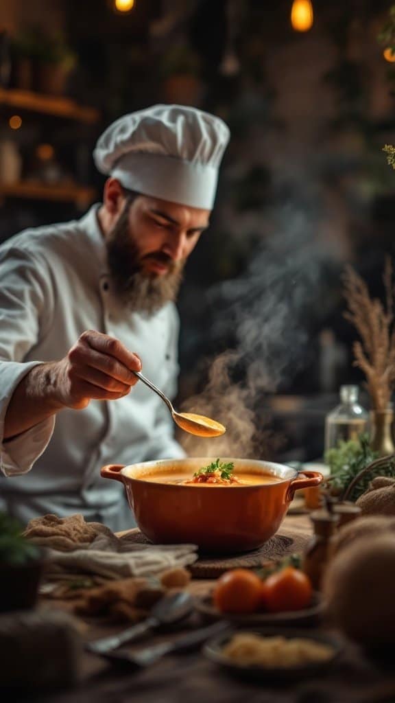 Chef seasoning cabbage soup with steam rising from the pot