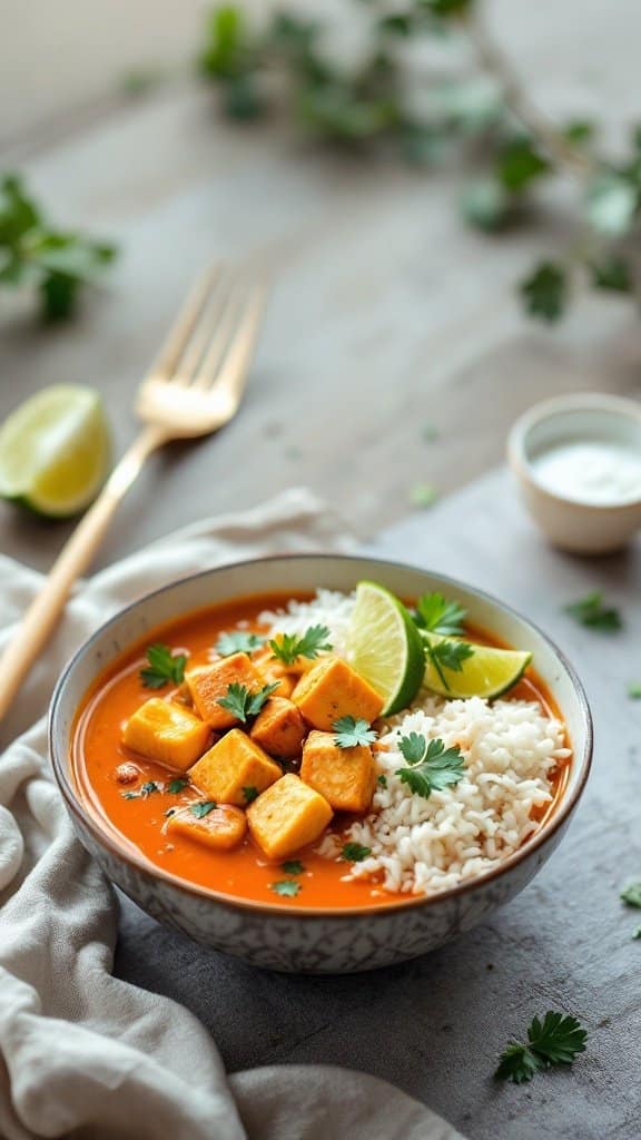 A bowl of Thai Coconut Curry with Tofu served with rice, garnished with lime and cilantro.