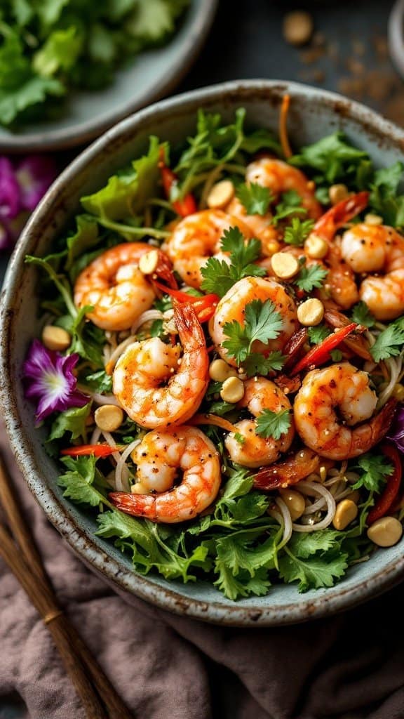 A vibrant Thai shrimp salad with shrimp, greens, herbs, and peanuts in a bowl.