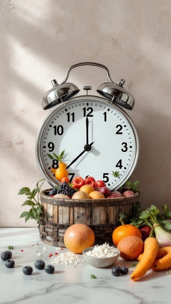 An alarm clock with fresh fruits and vegetables around it, representing the concept of timing in intermittent fasting.