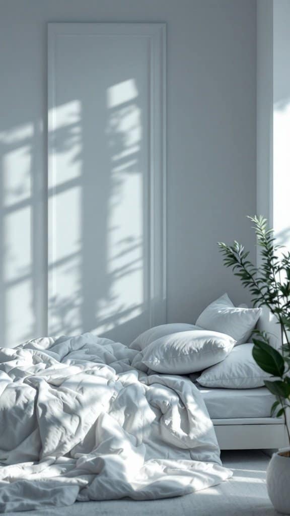 A cozy bedroom with white bedding and natural light