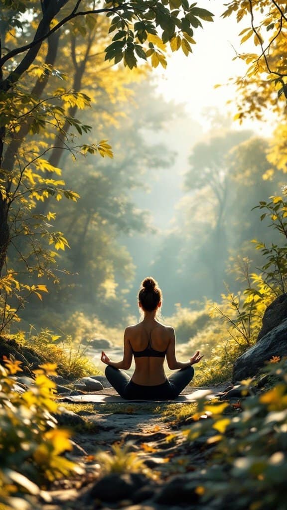 A person meditating in a serene forest setting