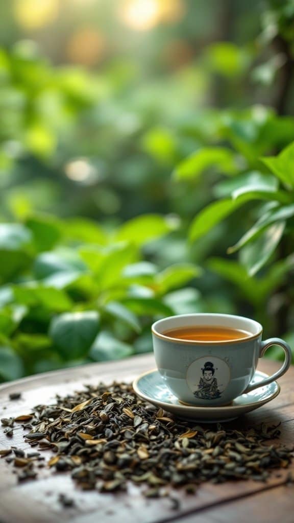 A cup of Tie Guan Yin tea with loose leaves on a wooden table surrounded by green foliage.