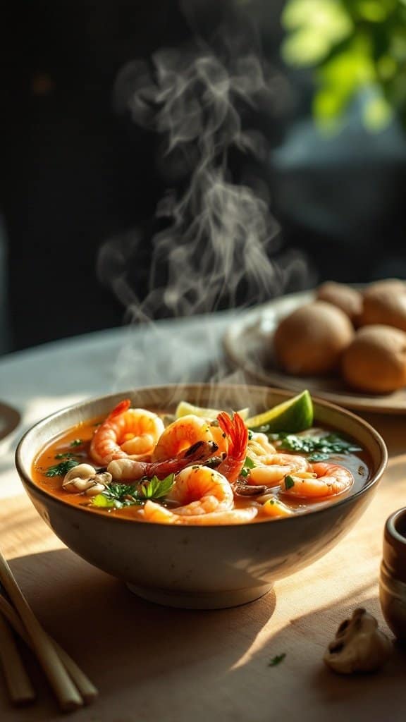 A steaming bowl of Tom Yum Soup with shrimp, garnished with herbs and lime.