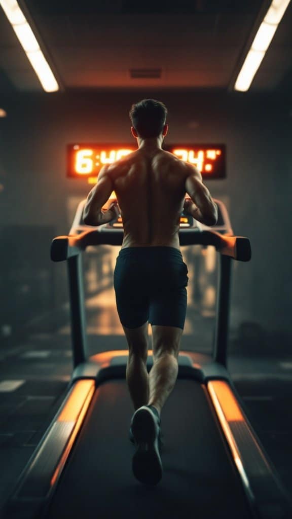 A person running on a treadmill with a visible clock display, focusing on their fitness goals.