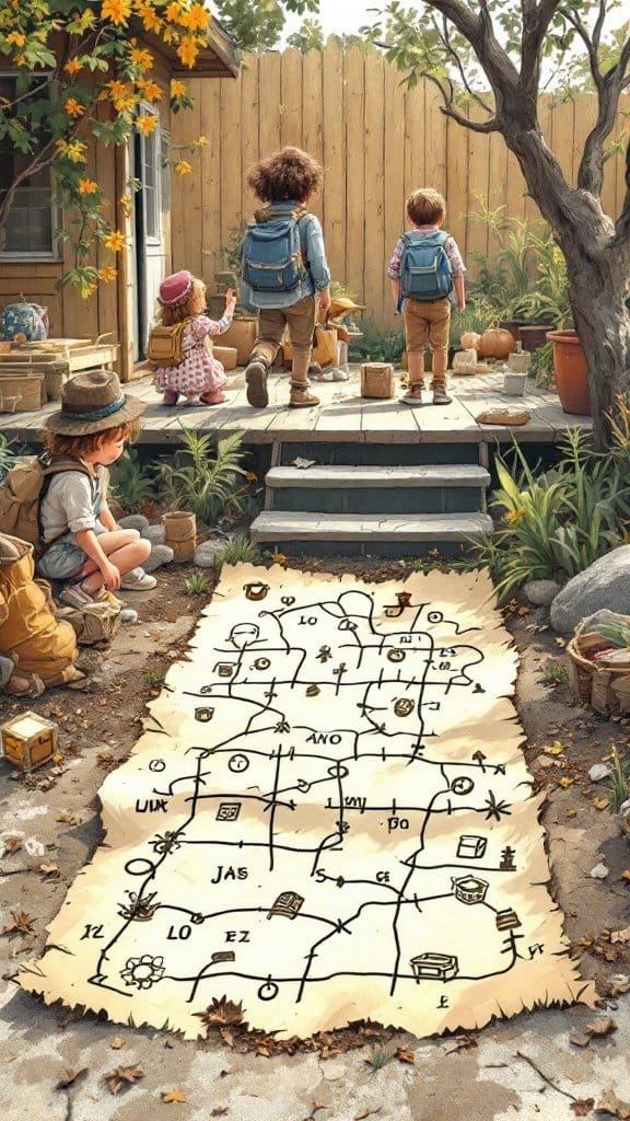 Children exploring a treasure map in a backyard.