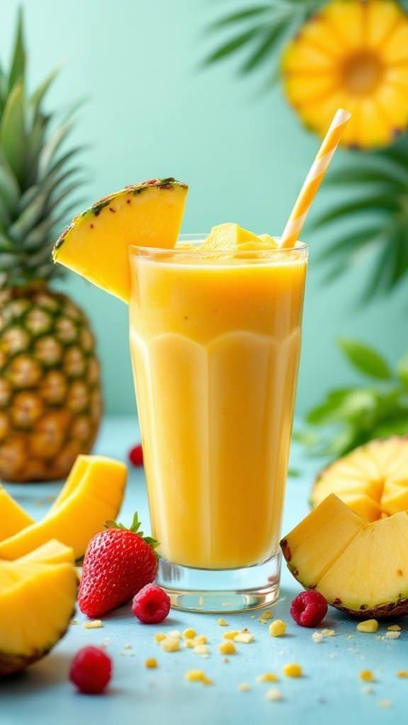 A vibrant glass of Tropical Mango and Pineapple Fusion smoothie garnished with a pineapple slice, surrounded by fresh fruit.