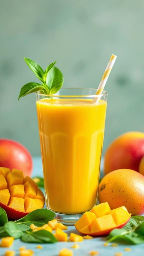 A glass of mango and spinach juice with fresh mango slices and spinach leaves around it.