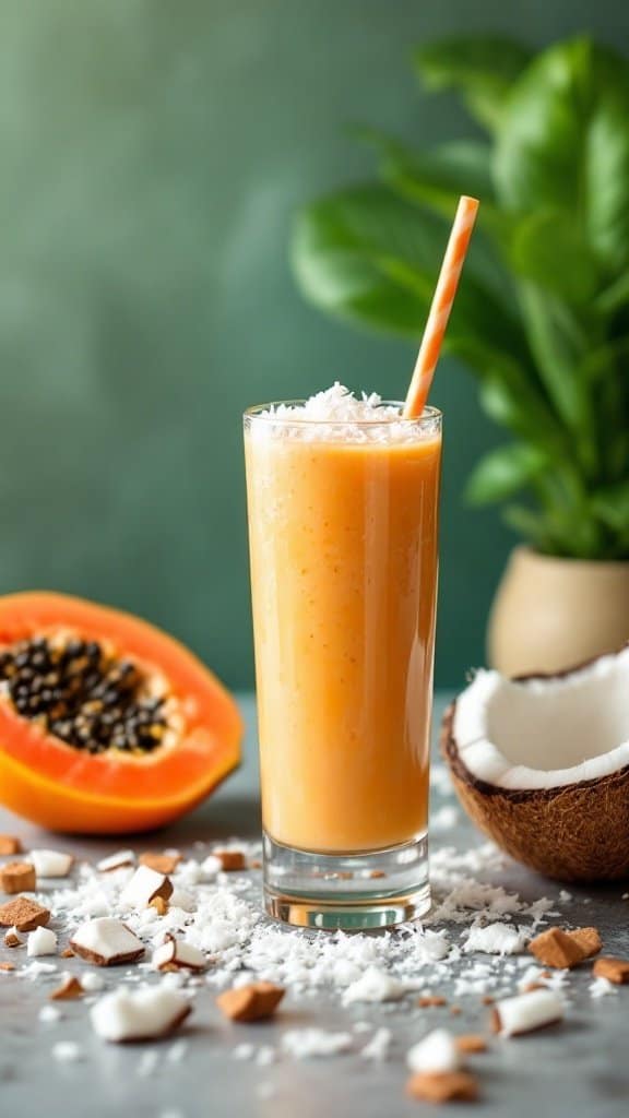 A glass of Tropical Papaya and Coconut Smoothie, surrounded by fresh papaya and coconut.