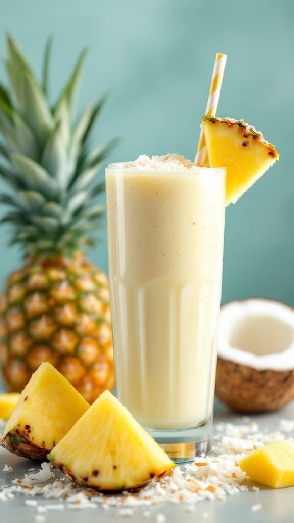 A refreshing Tropical Pineapple Coconut Smoothie in a tall glass with a pineapple slice and shredded coconut on top, with fresh pineapple and coconut in the background.