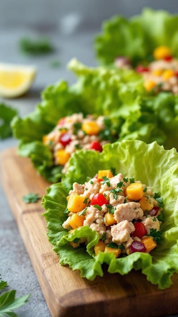 Fresh tuna salad in lettuce wraps with diced mango and cherry tomatoes