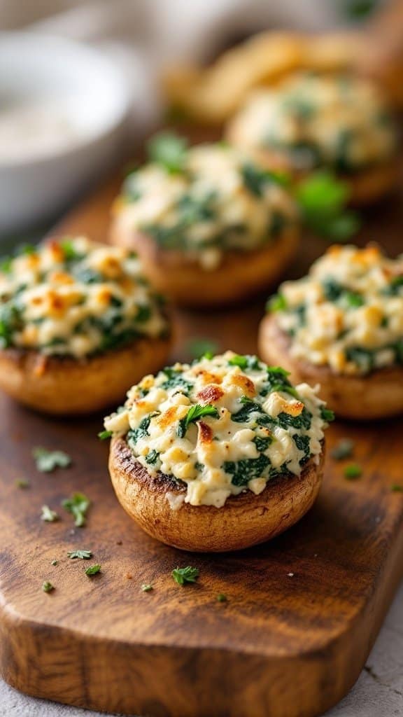 Turkey and spinach stuffed mushrooms on a wooden board