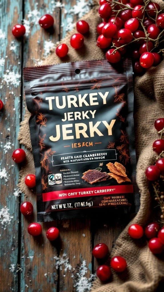 Package of turkey jerky with cranberries on a wooden surface with scattered cranberries