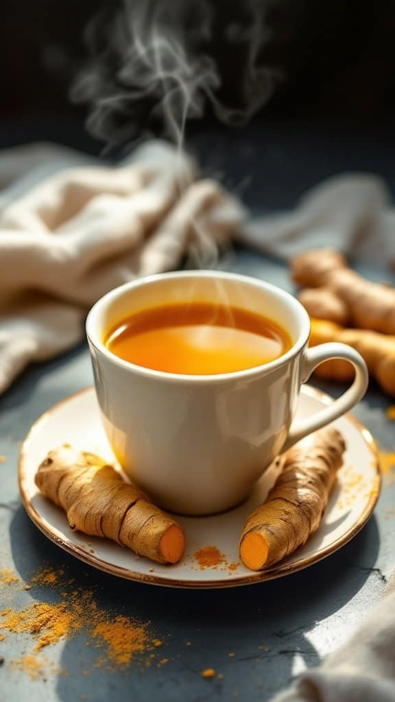 A steaming cup of turmeric ginger tea with fresh turmeric roots beside it.