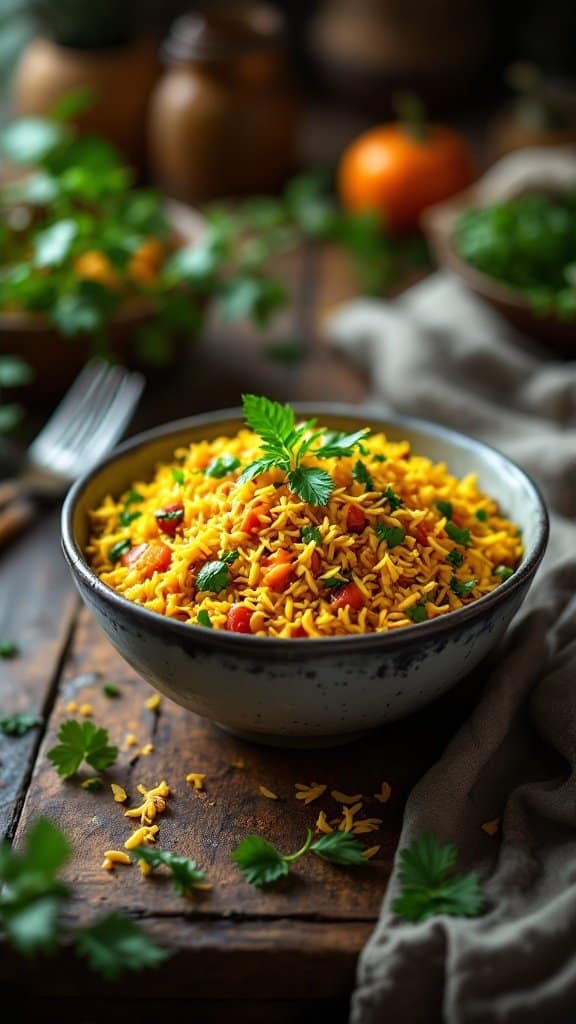A vibrant turmeric rice bowl garnished with fresh herbs and diced vegetables.