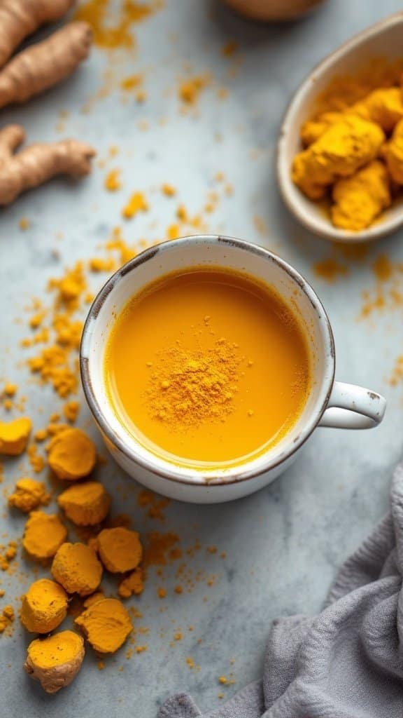 A cup of turmeric tea with fresh turmeric roots and powdered turmeric on a marble surface.