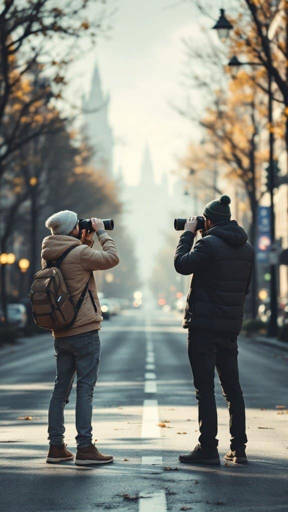 Two friends with cameras standing on a street, looking at a landmark.