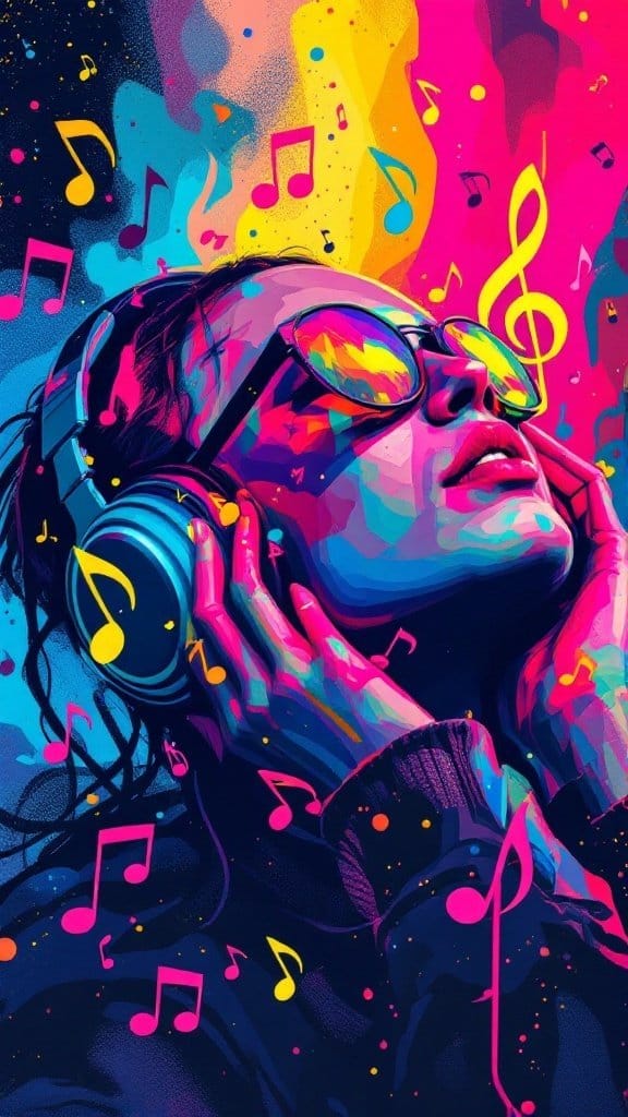A vibrant illustration of a person wearing headphones, surrounded by colorful musical notes, symbolizing the joy and energy of music.