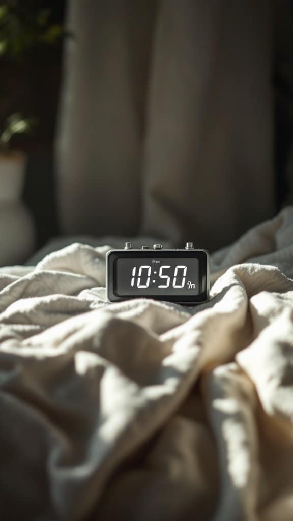 A digital clock displaying 10:50 AM on a blanket