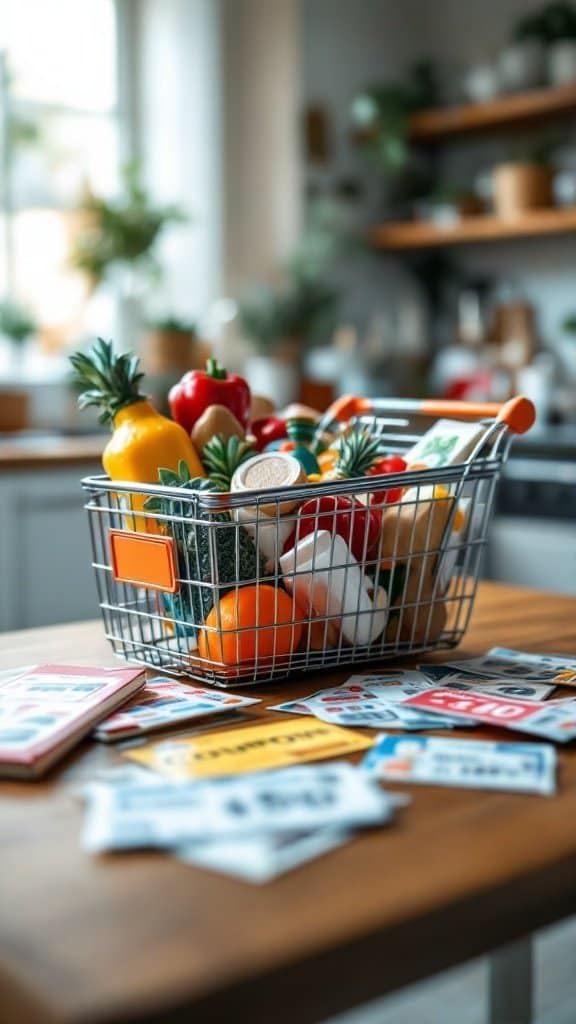 A grocery basket filled with fresh produce next to scattered coupons on a wooden table.