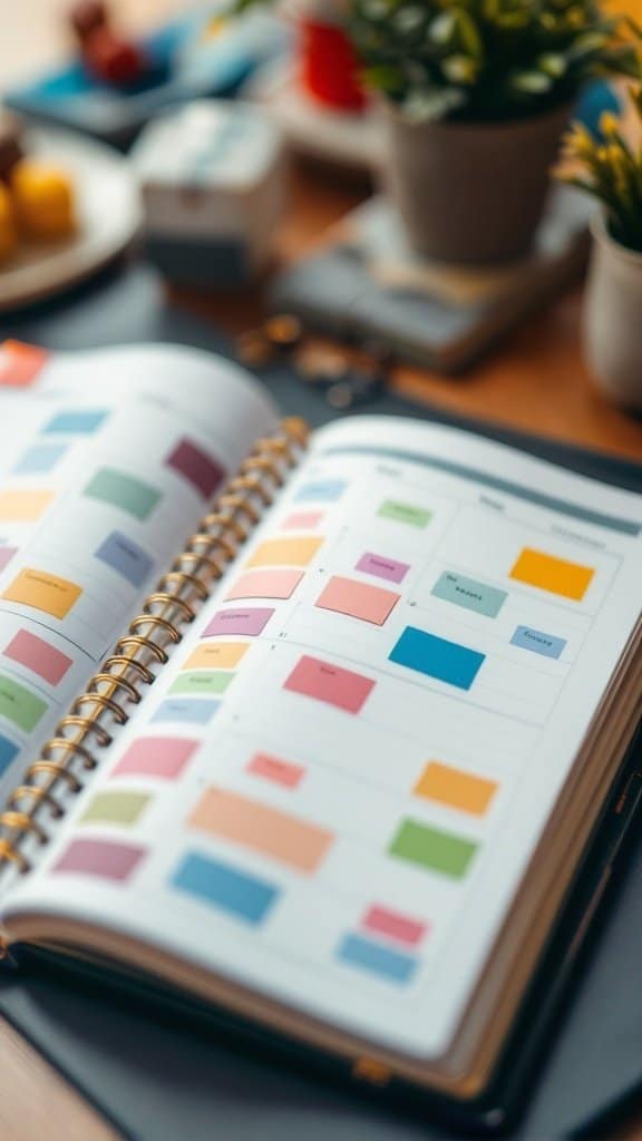 An organized planner with colorful sticky notes representing various tasks and activities.