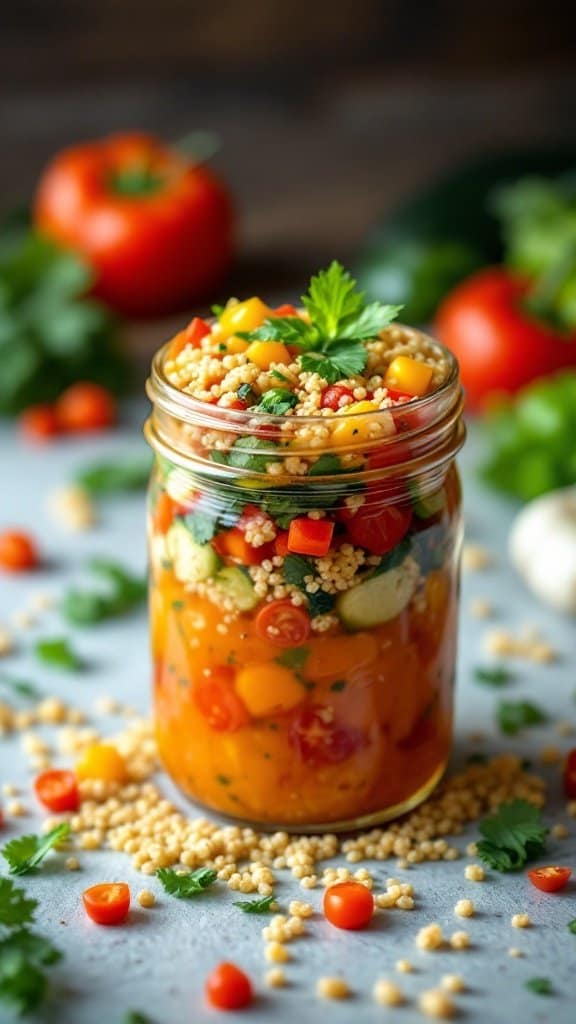 A jar filled with colorful vegetables and quinoa, surrounded by fresh tomatoes and herbs.