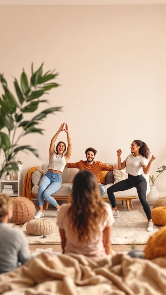 A group of friends enjoying a virtual fitness session at home, showing enthusiasm and connection.