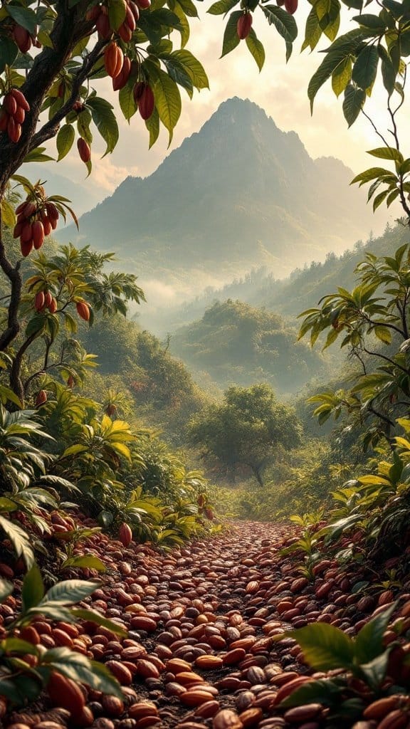 A beautiful landscape featuring cacao pods and a path leading towards mountains, representing the journey of chocolate.