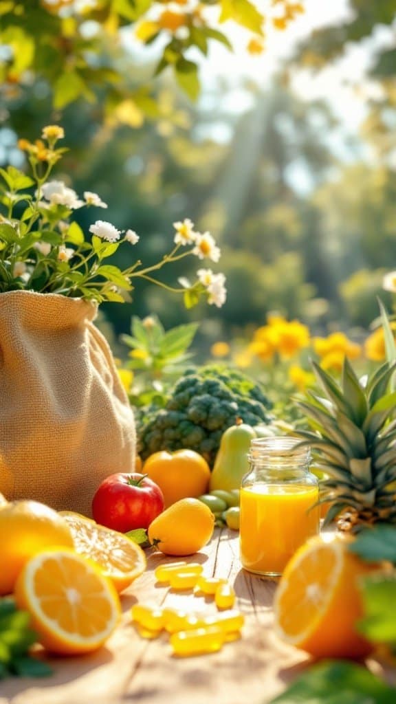 A variety of fresh fruits and vegetables, along with vitamin D supplements, arranged in a sunny outdoor setting.