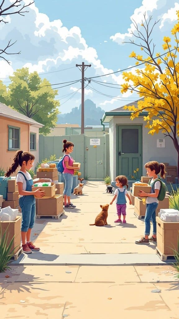 Kids volunteering at a local shelter, helping with supplies and interacting with animals.