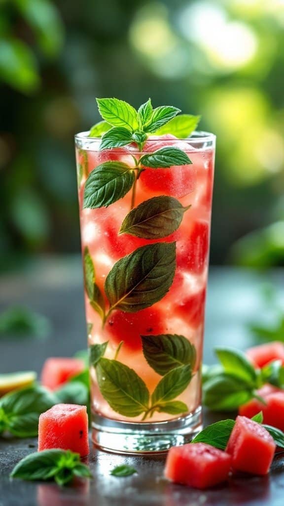 A tall glass filled with watermelon cubes and basil leaves, surrounded by more watermelon pieces and basil on a table.
